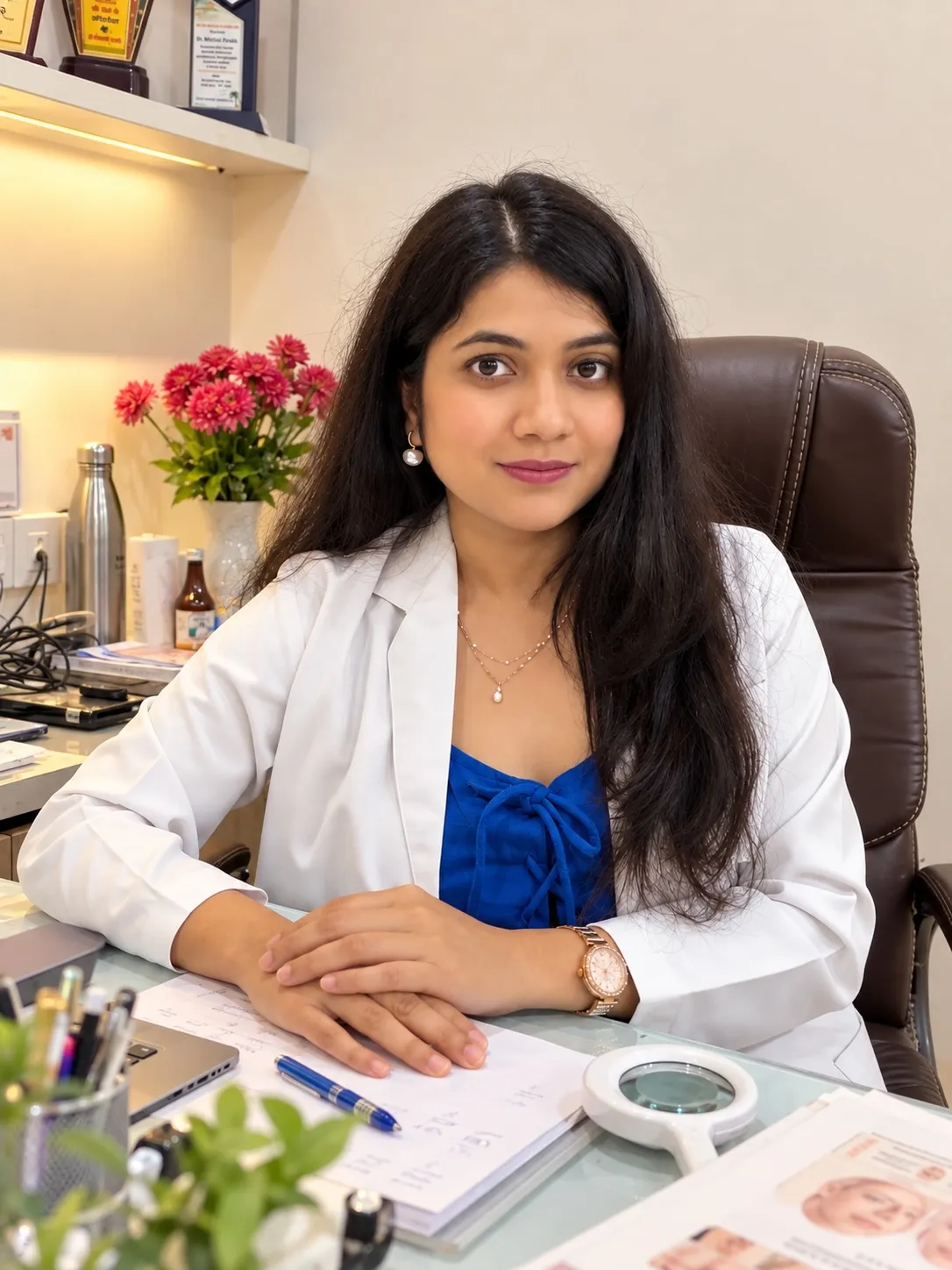 Dr Mitali Pardhi in a white coat at her consultation desk at Mitali Hospital, Balaghat